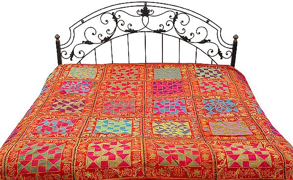 Red Kutch Bedcover with Multi-Color Embroidery All-Over
