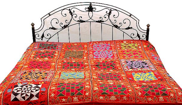 Red Kutch Bedcover with Multi-Color Embroidery All-Over