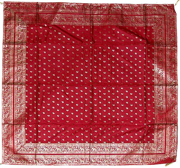 Red Meenakari Table Cover from Banaras with Woven Elephants and Peacocks