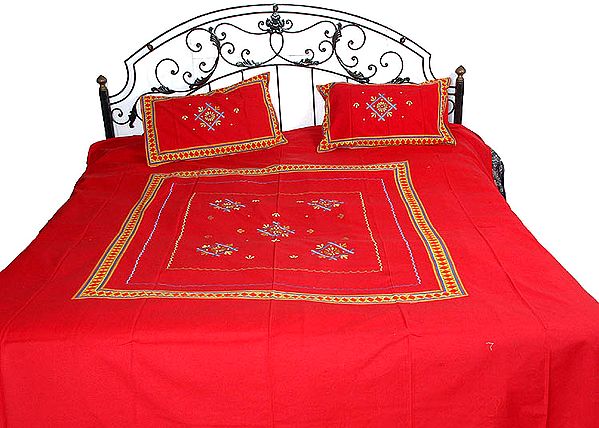 Red Printed Bedspread with Floral Embroidery