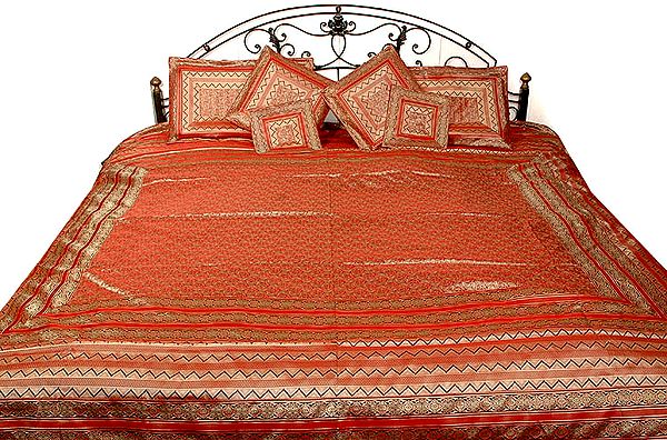 Red Seven Piece Banarasi Bedcover with All-Over Tanchoi Weave