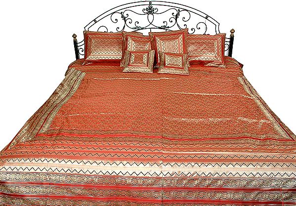 Red Seven Piece Banarasi Bedcover with All-Over Tanchoi Weave