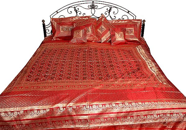 Red Seven Piece Pure Silk Banarasi Bedcover Woven by Hand