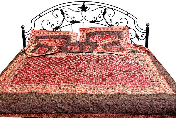 Red Seven-Piece Banarasi Bedcover with Floral Weave