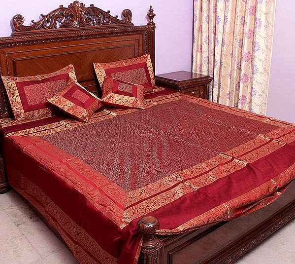 Red Tanchoi Bedcover from Banaras with All-Over Weave