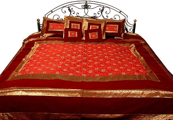 Red Velvet Banarasi Bedcover with All-Over Embroidery