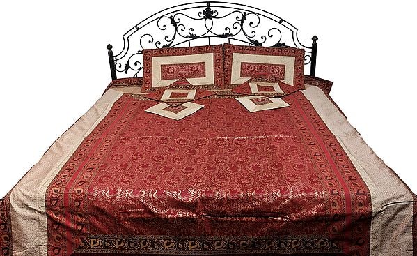 Red-Ochre Seven-Piece Banarasi Bedcover with Brocade Woven Peacocks and Elephants