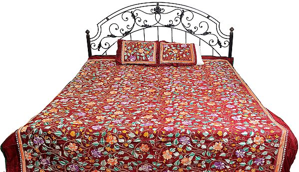 Rio-Red Bedspread with Floral Kantha Embroidery by Hand