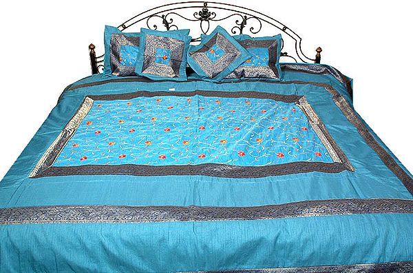 Robin-Egg Blue Bedcover with All-Over Embroidered Flowers and Zari Border