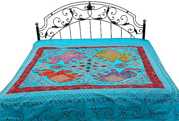 Robin-Egg Blue Gujarati Bedspread with Appliqué Elephants and All-Over Embroidery