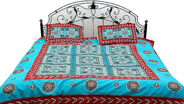 Robin-Egg Blue Gujarati Bedspread with Hand-Embroidery All-Over