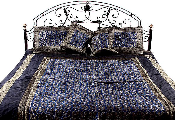 Royal-Blue Bedcover with All-Over Brocade Weave
