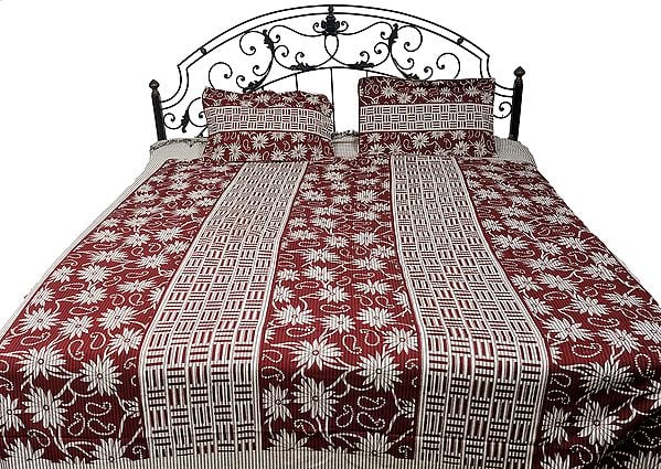 Russet-Red and Cream Floral Printed Bedspread from Pilkhuwa