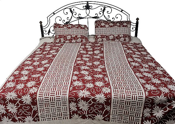 Russet-Red and Cream Floral Printed Bedspread from Pilkhuwa