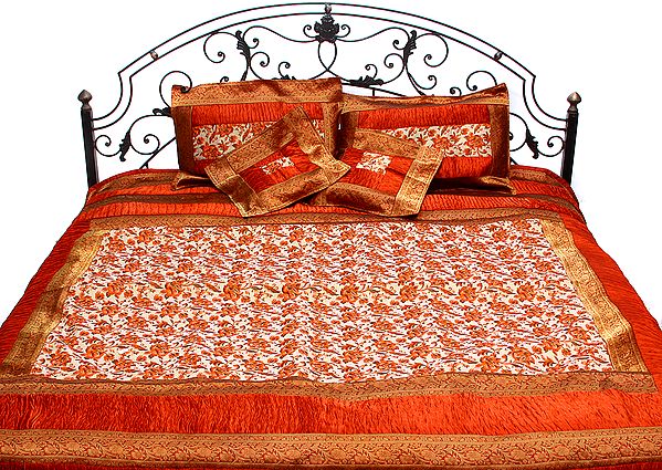 Rust and Beige Five-Piece Banarasi Bedspread with Woven Flowers