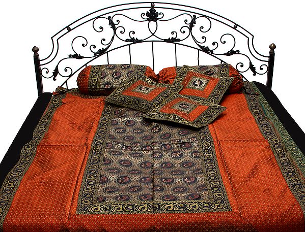 Rust and Black Seven-Piece Banarasi Single Bedcover with Tanchoi Weave and Brocaded Border