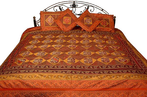 Rust and Mustard Seven-Piece Banarasi Bedcover with Woven Flower Pots