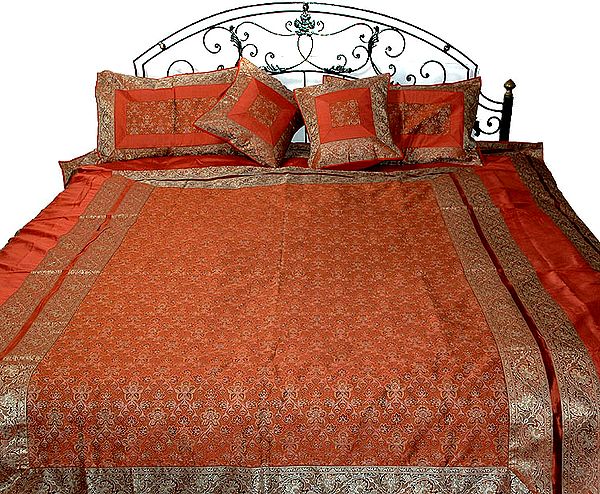 Rust Colored Banarasi Bedcover with Golden Thread Weave