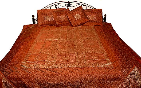 Rust Seven-Piece Banarasi Bedcover with All-Over Tanchoi Weave