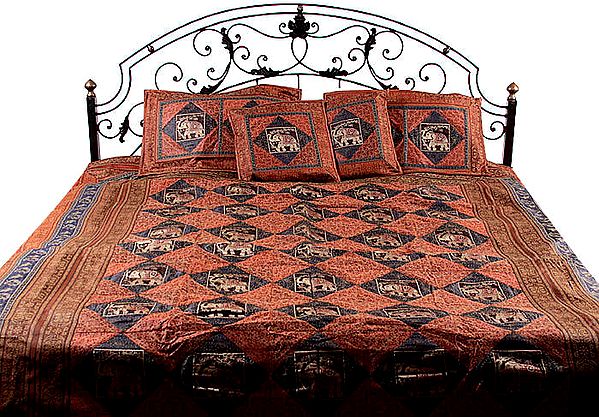 Rust Seven-Piece Banarasi Bedcover with Woven Elephants