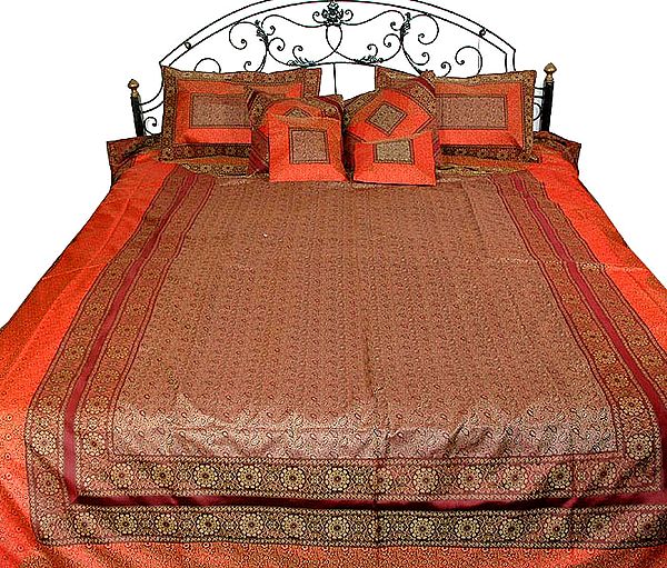 Scarlet Banarasi Bedcover with Pillow and Cushion Covers