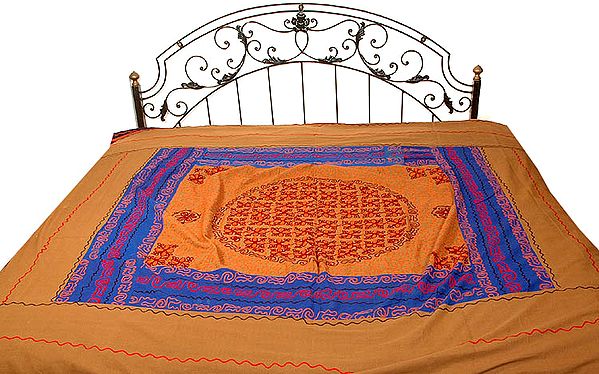 Sepia Gujarati Bedspread with Hand-Embroidery