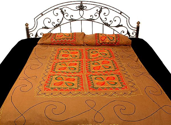 Sepia Single Bedspread from Gujarat with All-over Embroidery