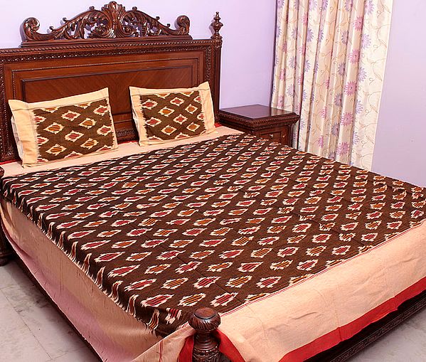 Sepia-Brown Bedspread with Ikat Weave Hand-Woven in Pochampally