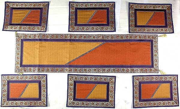 Seven Piece Orange and Amber Dinner Set with Golden Thread Weave and Brocaded Border