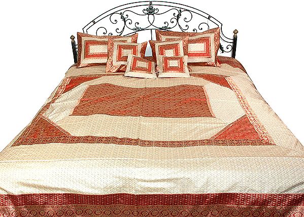 Seven Piece Red and Ivory Banarasi Bedcover