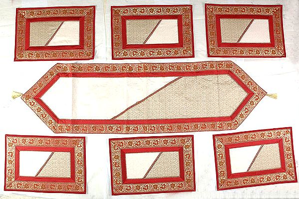 Seven Piece Red and Ivory Dinner Set with Golden Thread Weave and Brocaded Border