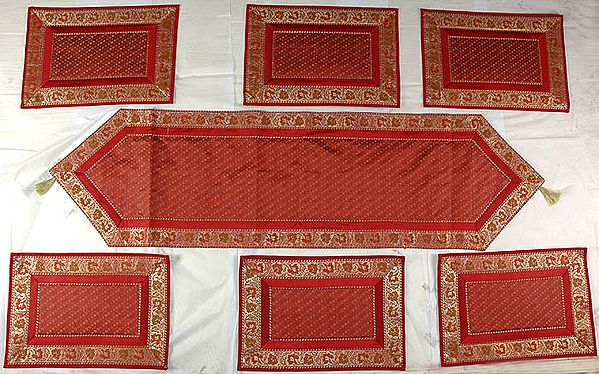 Seven Piece Red Banarasi Dinner Set with Golden Thread Weave and Brocaded Border