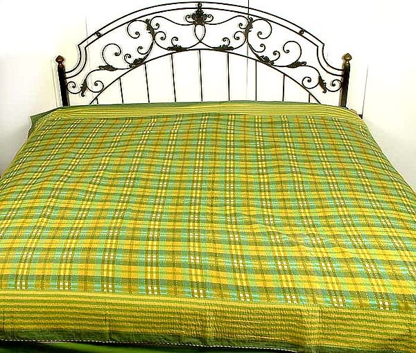 Shades of Green on a Kantha Stitch Bedspread