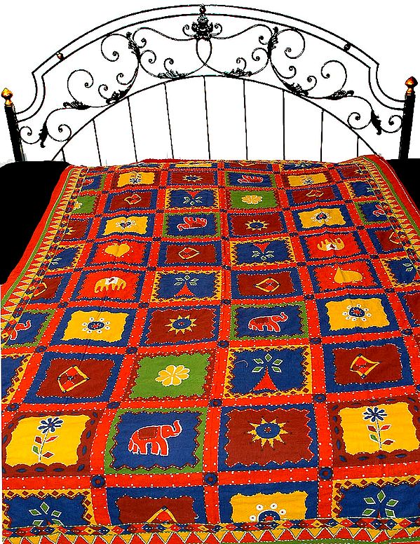 Single Bed Bedspread with Kantha Stitch Printed with Auspicious Motifs