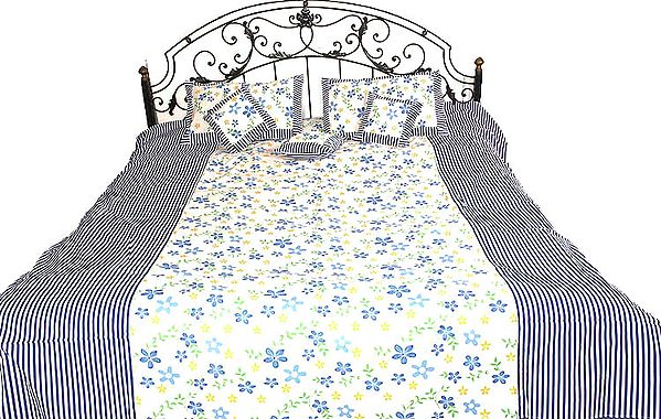 Six Piece White and Blue Bedspread with Floral Print