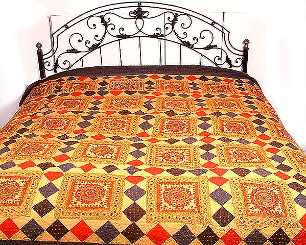 Stonewashed Kantha Stitch Bedspread with Applique and Mirrors