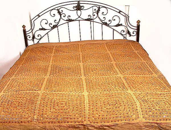 Stonewashed Mustard Bedcover with All-Over Embroidery and Mirrors