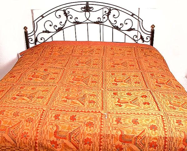 Stonewashed Mustard Bedcover with All-Over Embroidery and Mirrors