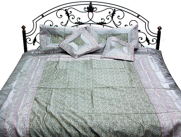 Strom-Gray Five-Piece Banarasi Bedspread with Tanchoi Weave All-Over and Brocaded Border