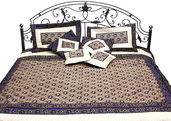 Swedish-Blue and Ivory Seven-Piece Banarasi Bedcover with Tanchoi Weave and Woven Elephants