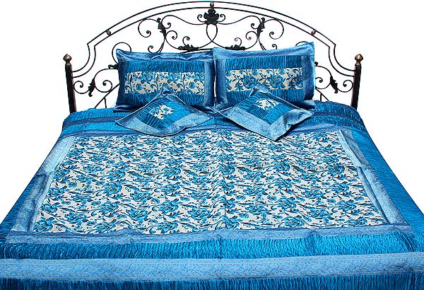 Swedish-Blue Five-Piece Banarasi Bedcover with Woven Flowers and Brocade Border