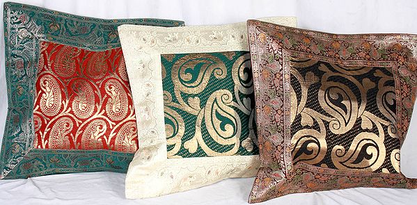 Lot of Three Banarasi Cushion Covers with Brocade Woven Paisleys