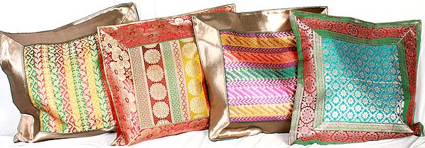 Lot of Four Banarasi Cushion Covers with Brocade Weave