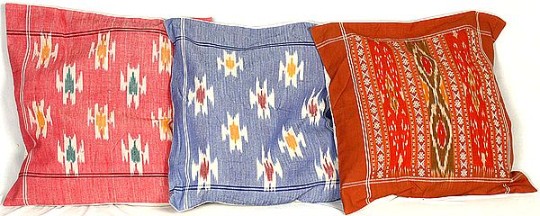 Lot of Three Cushion Covers from Hyderabad with Ikat Weave