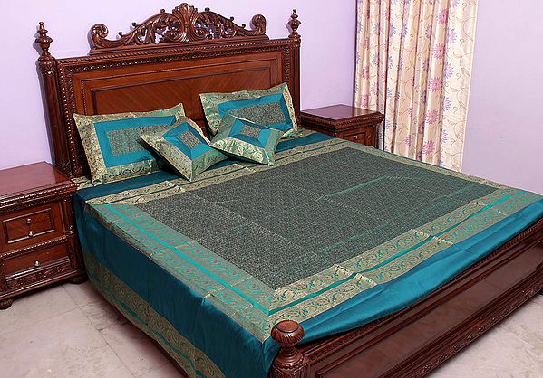Sea-Green Tanchoi Bedcover from Banaras with All-Over Weave