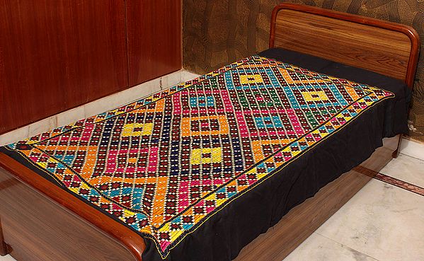 Black Single-Bed Batik Bedspread from Kutch with All-Over Embroidery and Mirrors