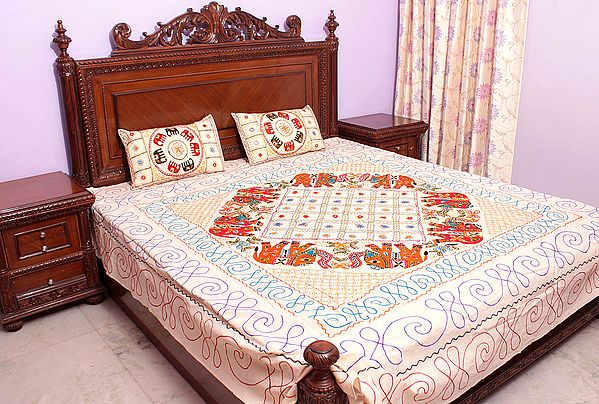 Ivory Gujarati Bedspread with Appliqué Elephants and All-Over Embroidery