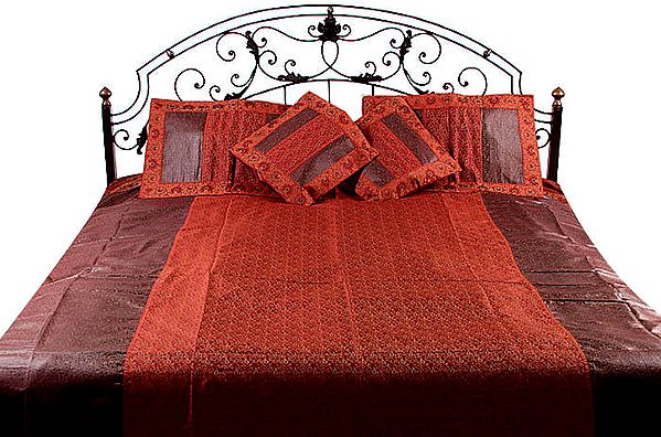Cordovan and Red Tanchoi Bedcover from Banaras with All-Over Tanchoi Weave