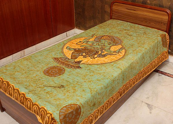 Dancing Ganesha on an Green Batik Single-Bed Bedspread