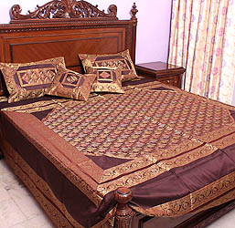Brown Brocaded Bedcover from Banaras with All-Over Floral Weave